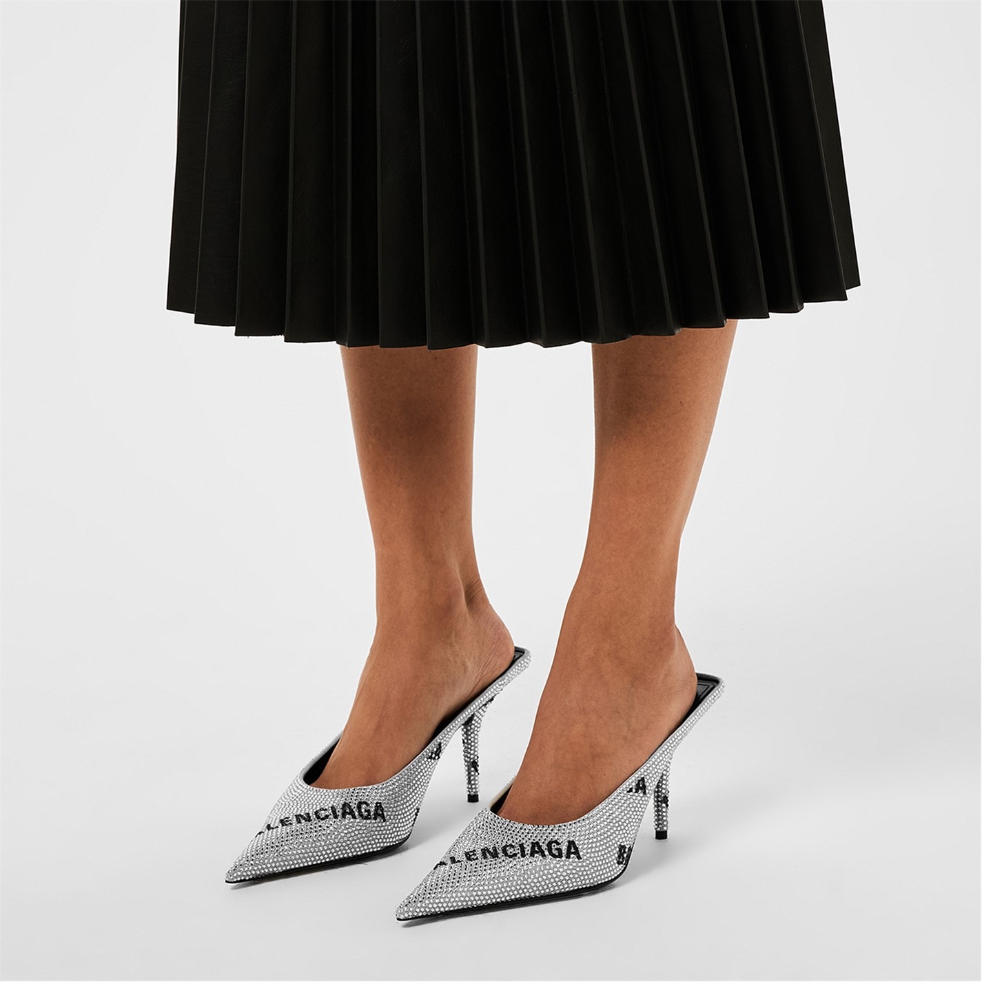 BALENCIAGA | Square Knife Crystal-Embellished Leather-Heeled Mules