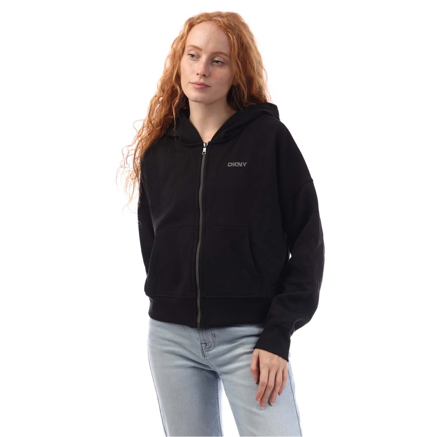 DKNY Women's Pocket Hoodie – Relaxed Fit Distressed Logo Pullover Sweatshirt