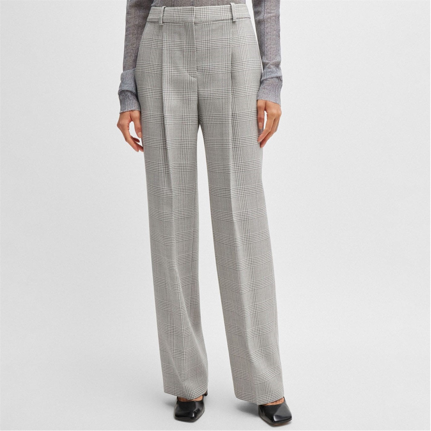 BOSS Womens Gray Darted Pocketed Flat Front Hook And Bar Closure Check Straight leg Pants main image 1