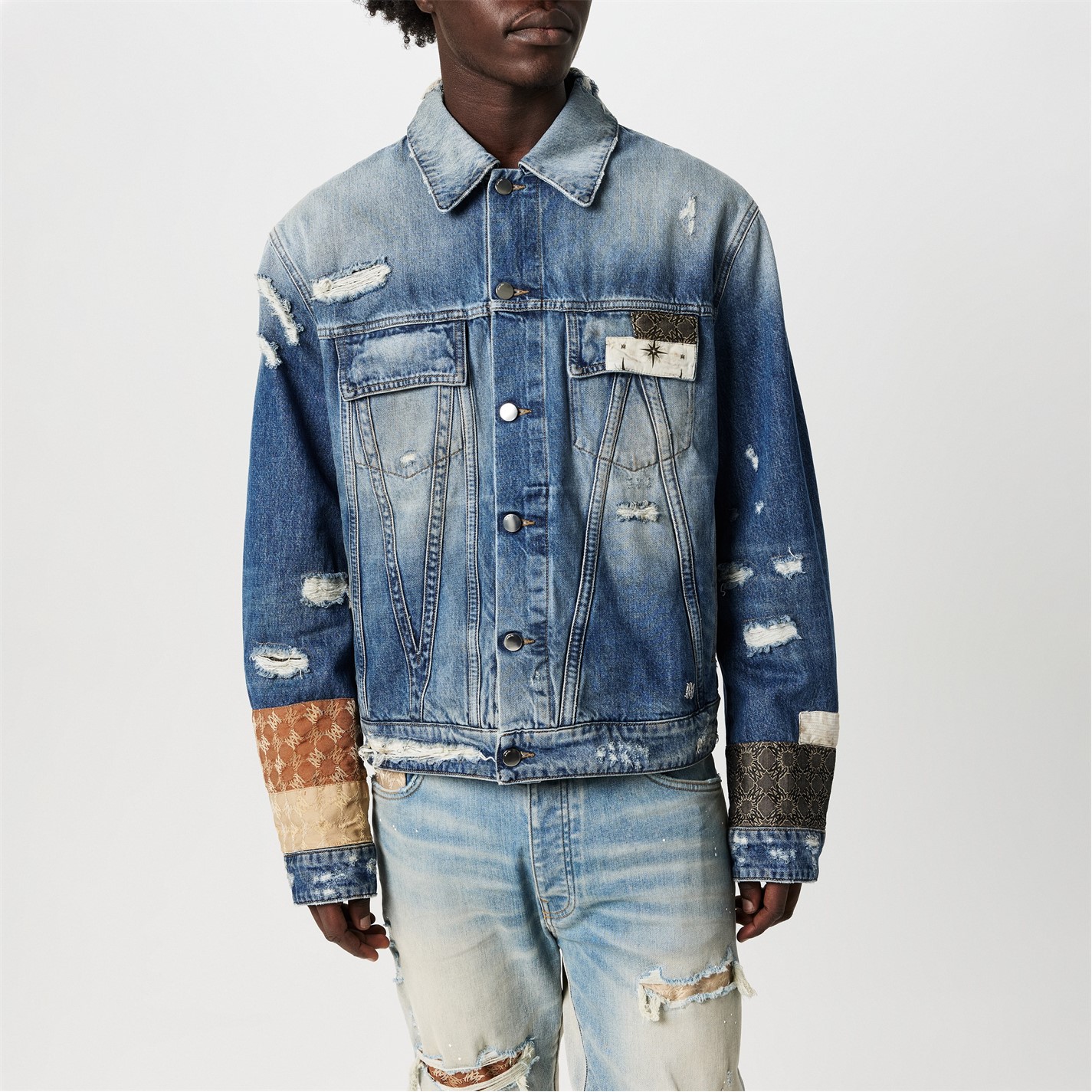 AMIRI | Men's Airpatch Trucker Distressed Long Sleeve Denim Jacket