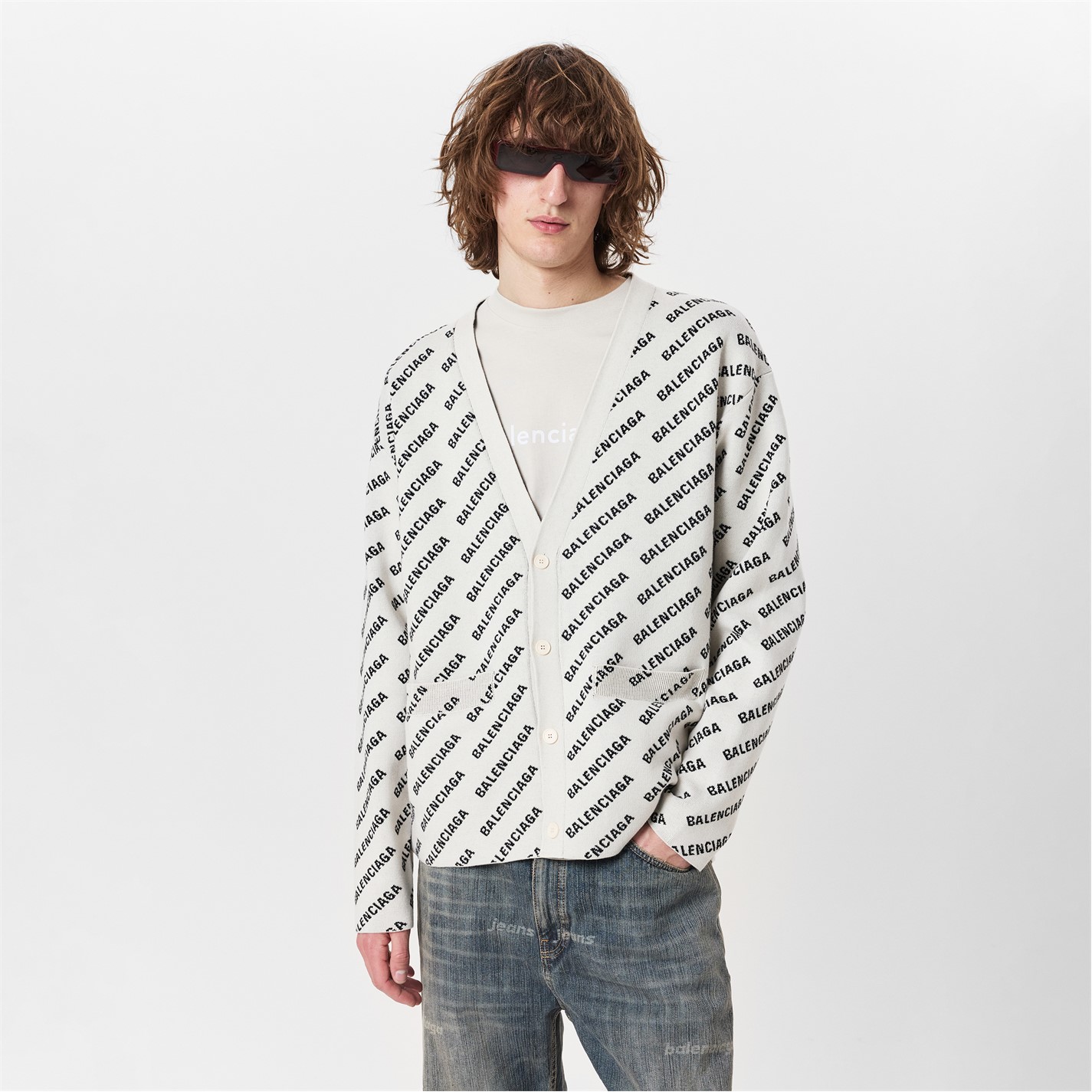 BALENCIAGA | Mini Allover Logo Cardigan | Men | Chalky Wht/Blk 