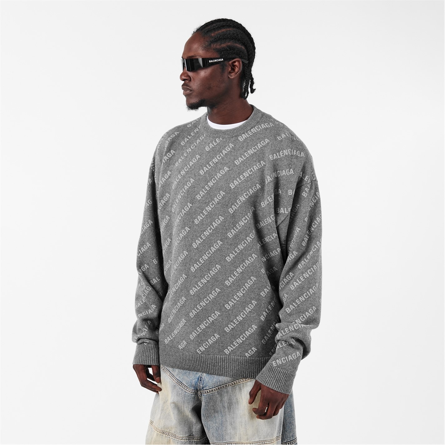 BALENCIAGA | All Over Logo Sweater | Men | Heather Grey | Flannels