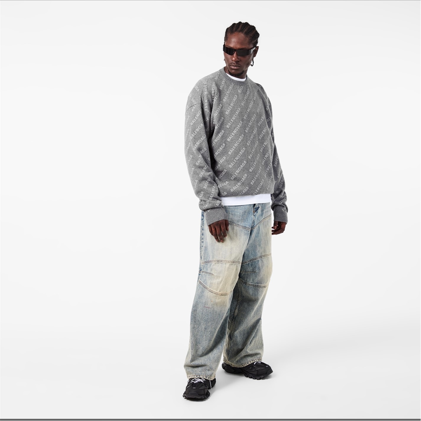 BALENCIAGA | All Over Logo Sweater | Men | Heather Grey | Flannels