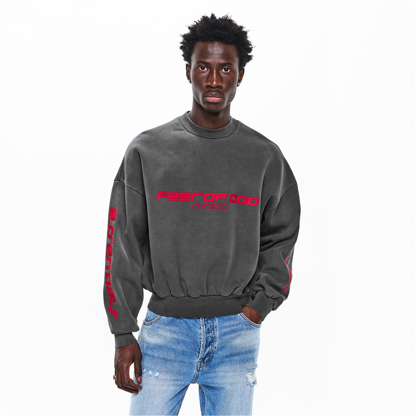 FEAR OF GOD ESSENTIALS | FGE Chicago Crew Sn62 | Men | Iron/Red ...