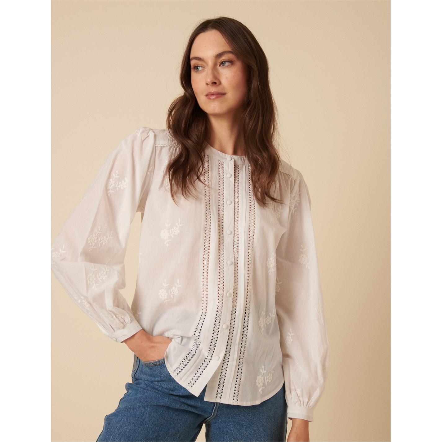Blouse Femme Brodée Fleurie – Manches Lanternes, Coton Et Lin, Taille Unique