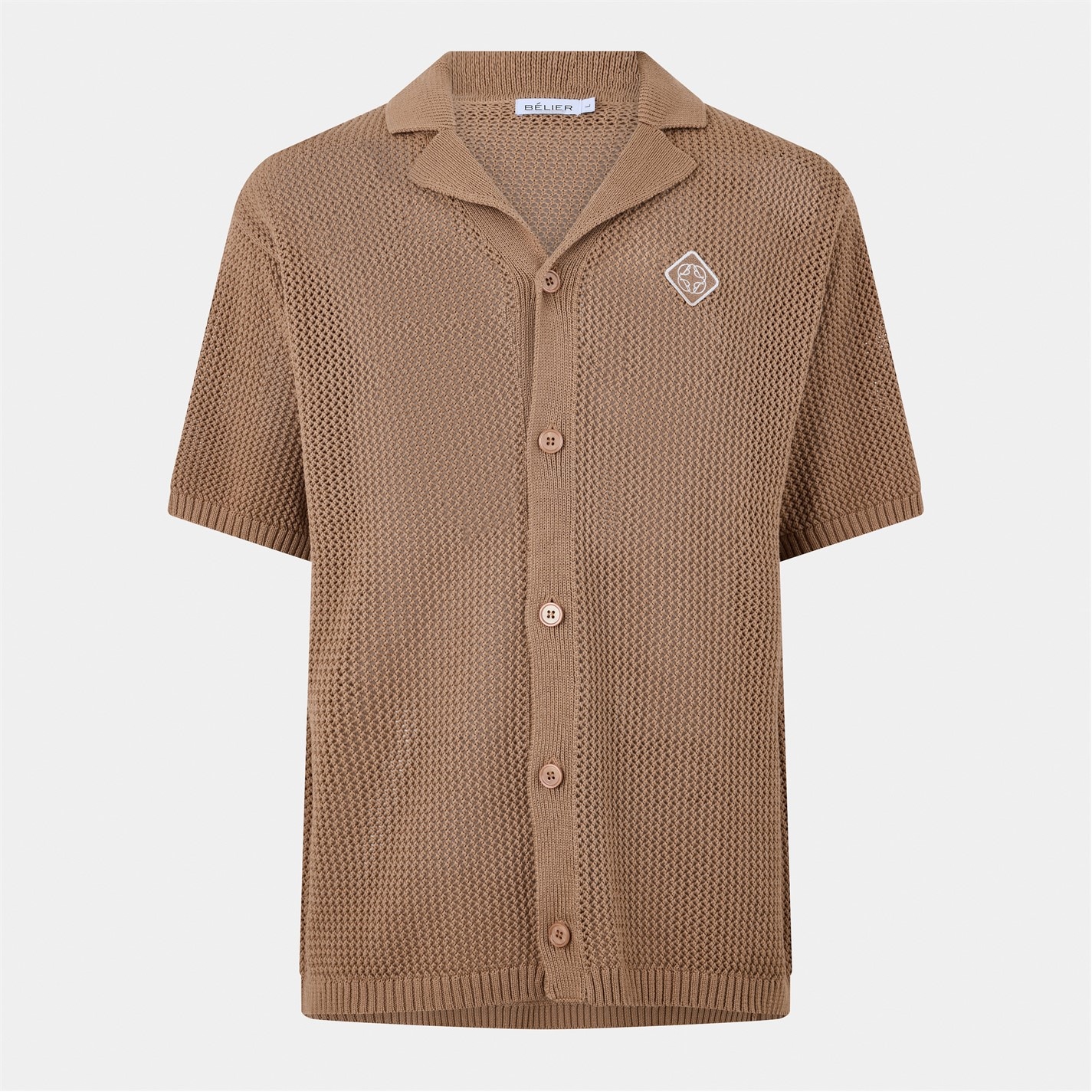 Men Beige & Black Stripes V-Neck Collar Crochet Shirt