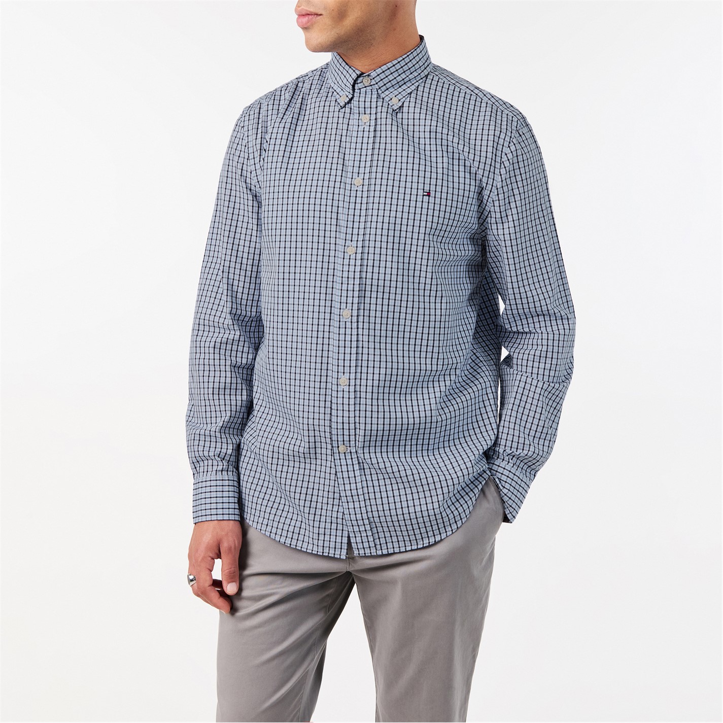 Essentials Men's Regular-Fit Long-Sleeve Poplin Shirt - Aqua Mini-Gingham, Small | Casual Button-Up For Work & Weekends