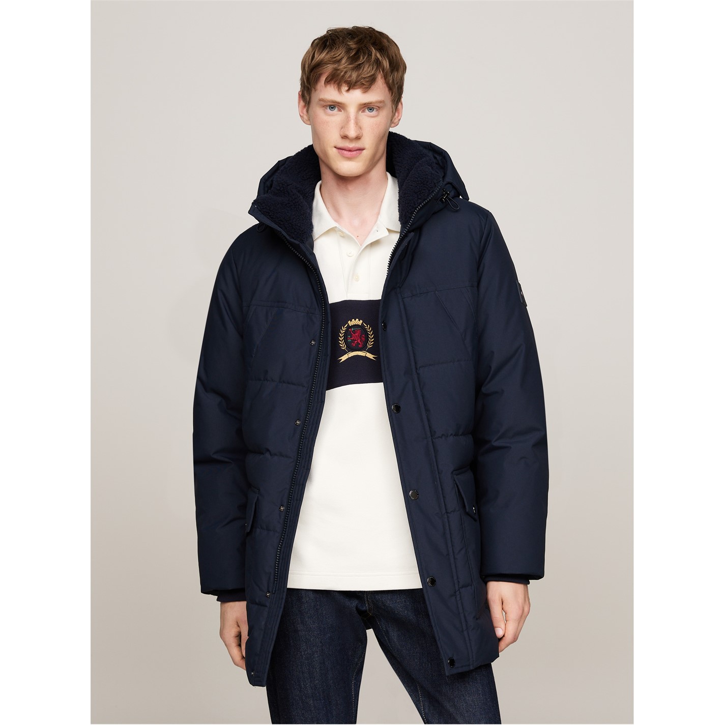 Tommy Hilfiger Mens Long Parka With Faux Fur Hood Blue Size Medium