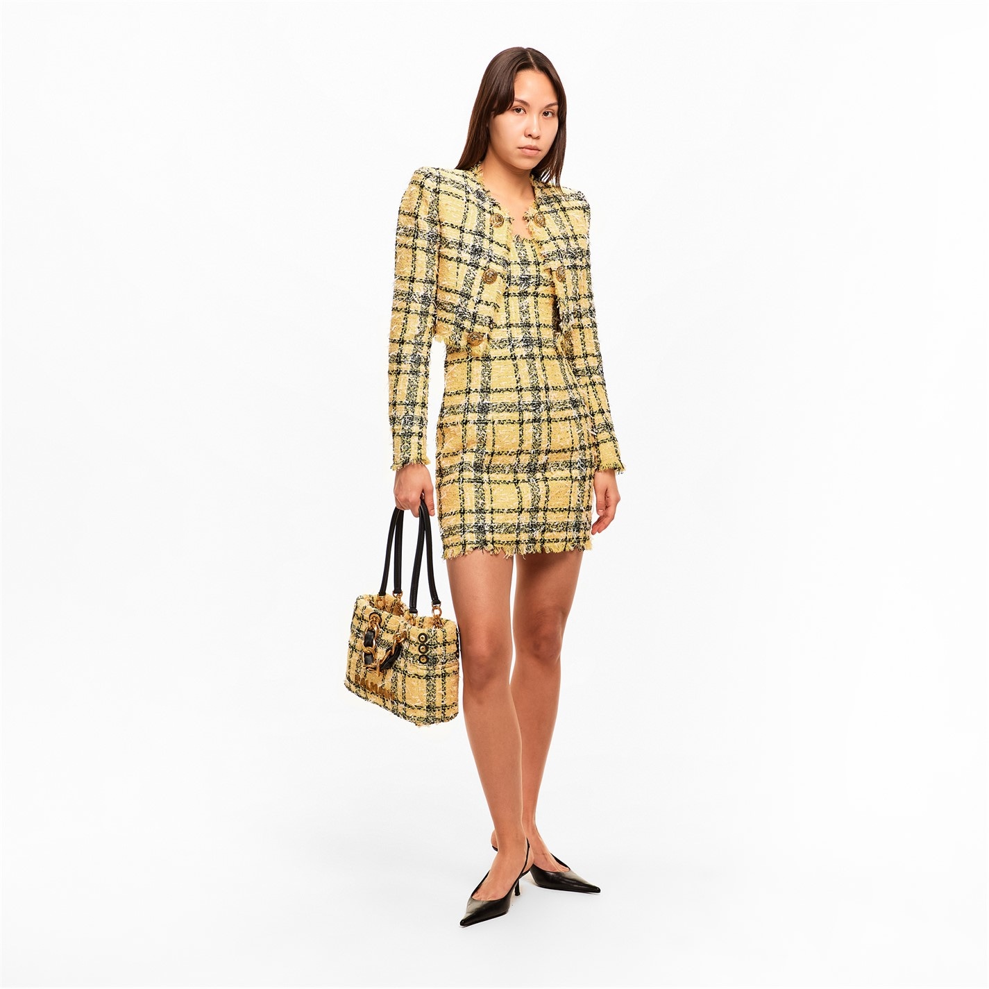 BALMAIN | Short Strappy Dress in Glitter Tweed | Women | Pale Yellow | Flannels Fashion Ireland BALMAIN | Short Strappy Dress in Glitter Tweed | Women | Pale Yellow | Flannels Fashion Ireland