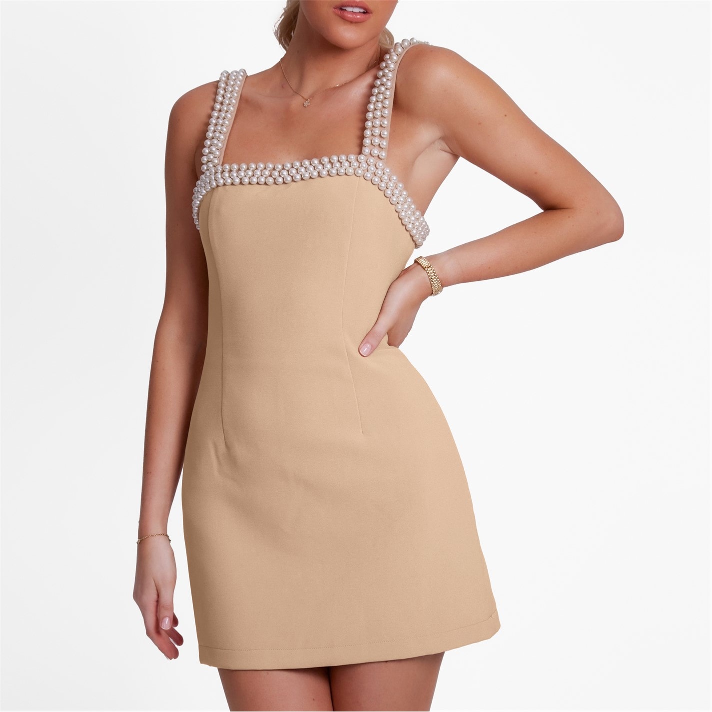 Pearl Trim Mini Dress For Girls Beaded Slit Sleeve Pocket Casual Everyday Wear Soft Chic main image 0
