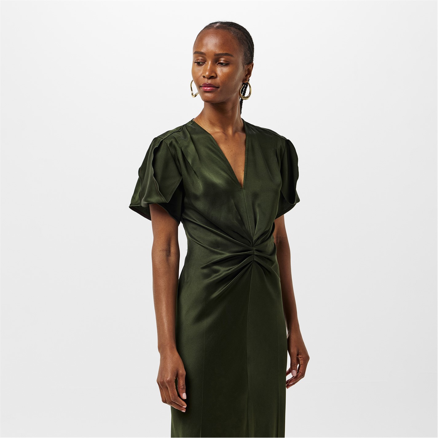 green emerald velvet dress VICTORIA BECKHAM WOMEN Blouson Detail Midi Dress Dark Pine   MAISONDEFASHION.COM