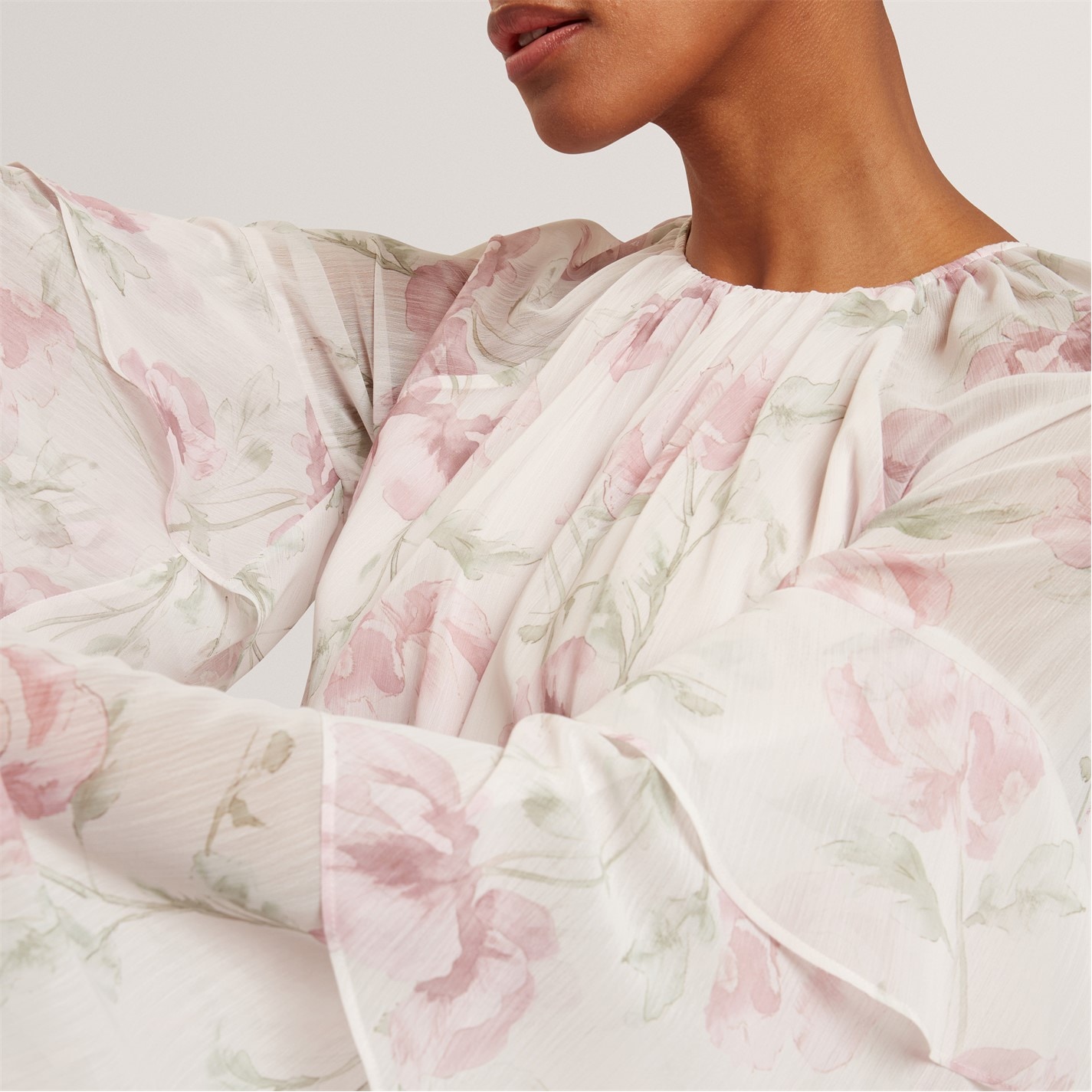 Ted Baker | Ted Baker Rose Print Frilled Long Sleeve Mini Dress | Women |  Pl-Pink | Flannels Fashion Ireland