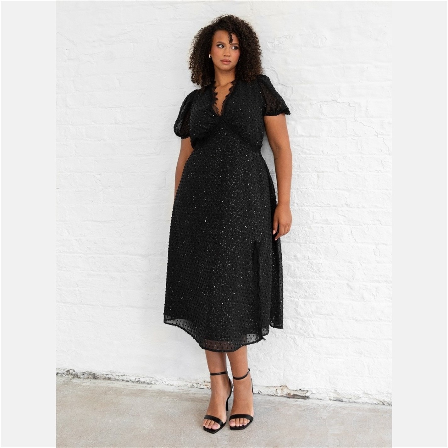 Lovedrobe | Lovedrobe Black Sparkly Glitter V Neck Midi Dress with Lace  Trims | Women | Black | Flannels Fashion Ireland