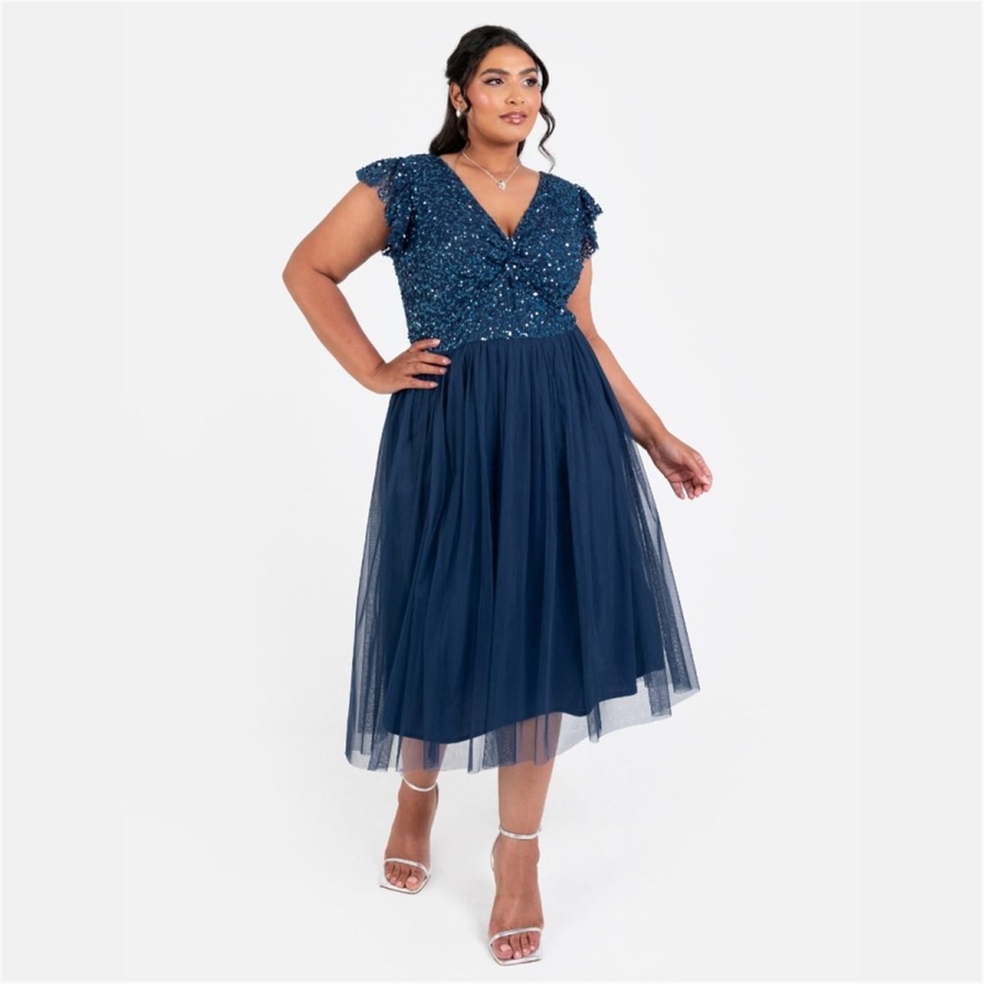 Maya Deluxe | Maya Navy Embellished Twist Bodice Midi Dress | Women |  French Navy | Flannels Fashion Ireland