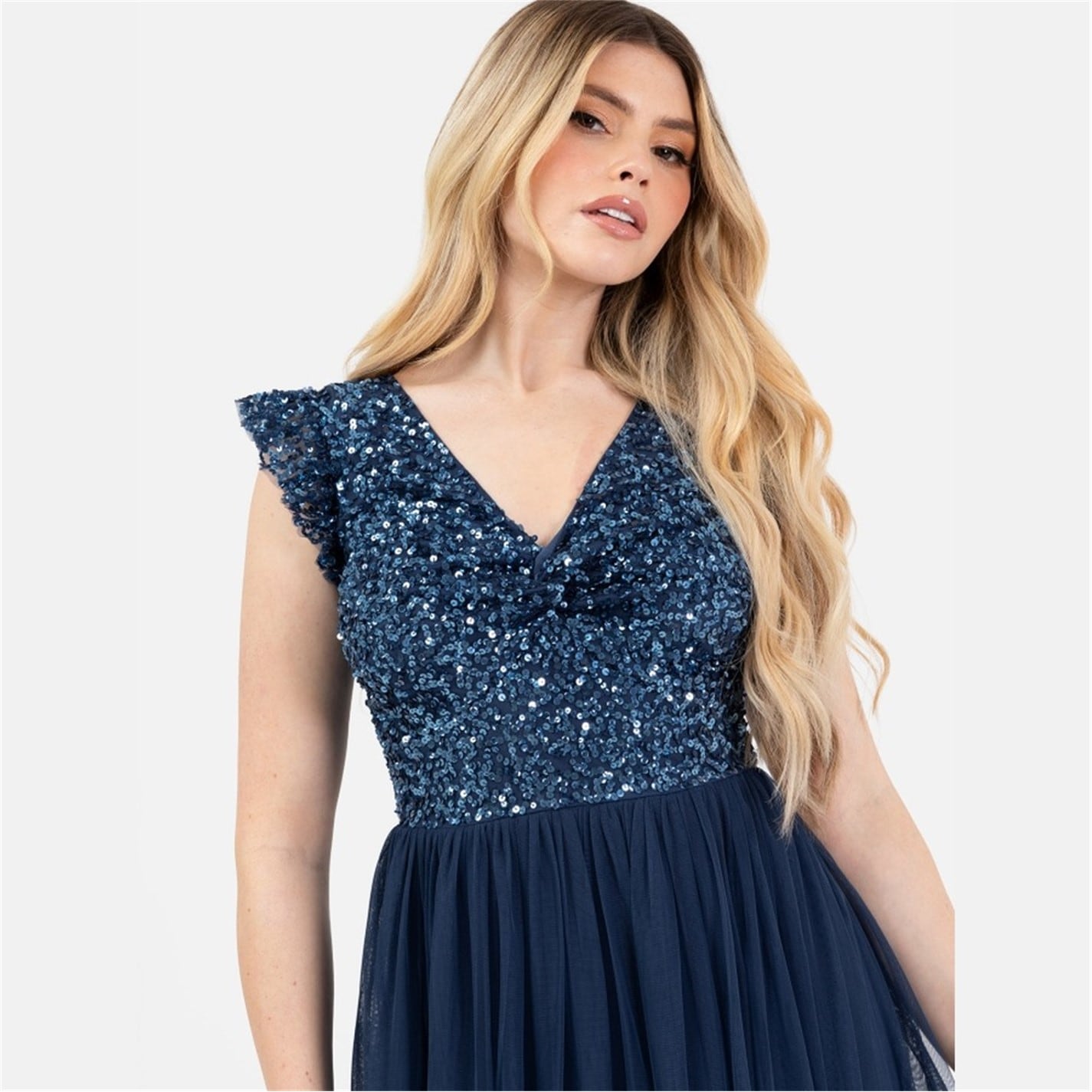 Maya Deluxe | Maya Navy Embellished Twist Bodice Midi Dress | Women |  French Navy | Flannels Fashion Ireland
