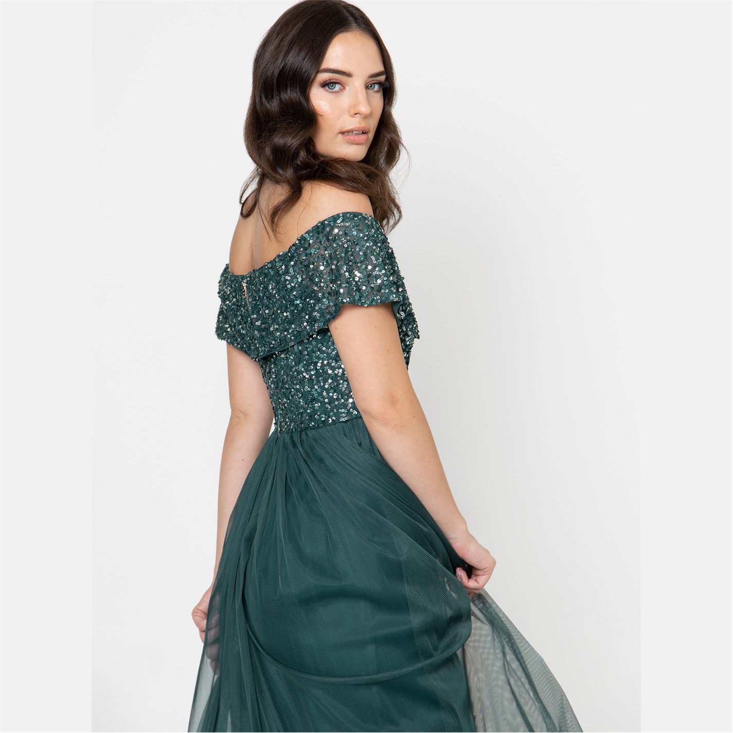 Maya Deluxe | Maya Emerald Green Bridesmaid Bardot Embellished Maxi Dress |  Women | Emerald | Flannels Fashion Ireland