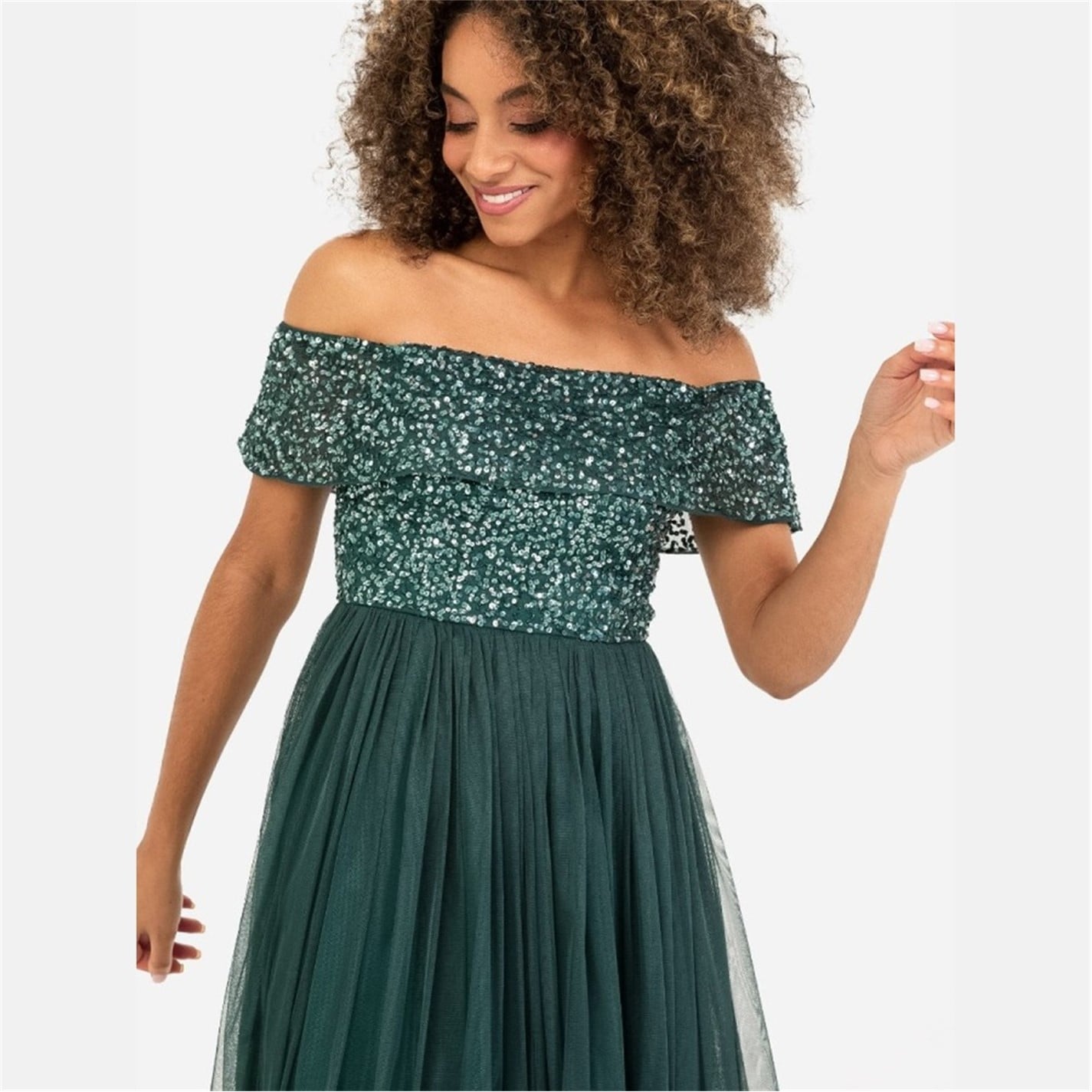 bardot green sequin dress Multi Sequin & Velvet Bardot Midi - Emerald Green main image 0