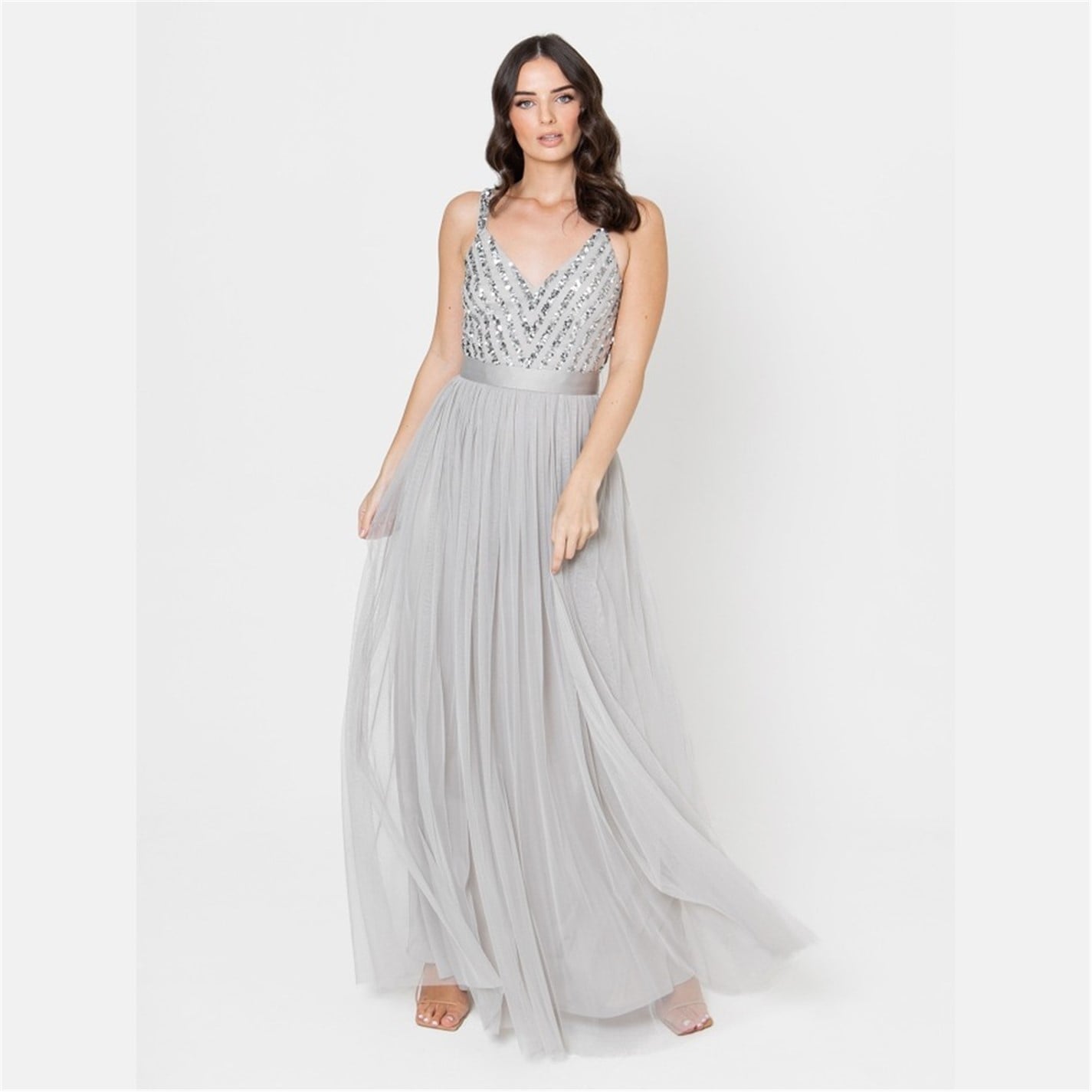 maya deluxe grey dress Maya Soft Grey V Neckline Embellished Midi Dress Maya Deluxe