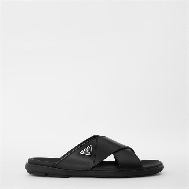 Prada Men's Black Leather Crisscross Flat Sandals