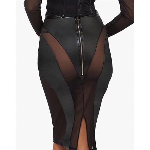 Wolf and Whistle - Maeve Black Vegan Leather Mesh Insert Pencil Skirt