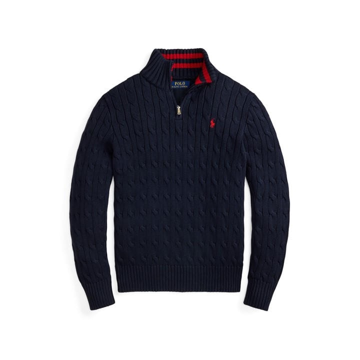 Polo Ralph Lauren Boys Blue Kids' Cable Quarter Zip Crew Neck Jumper - M