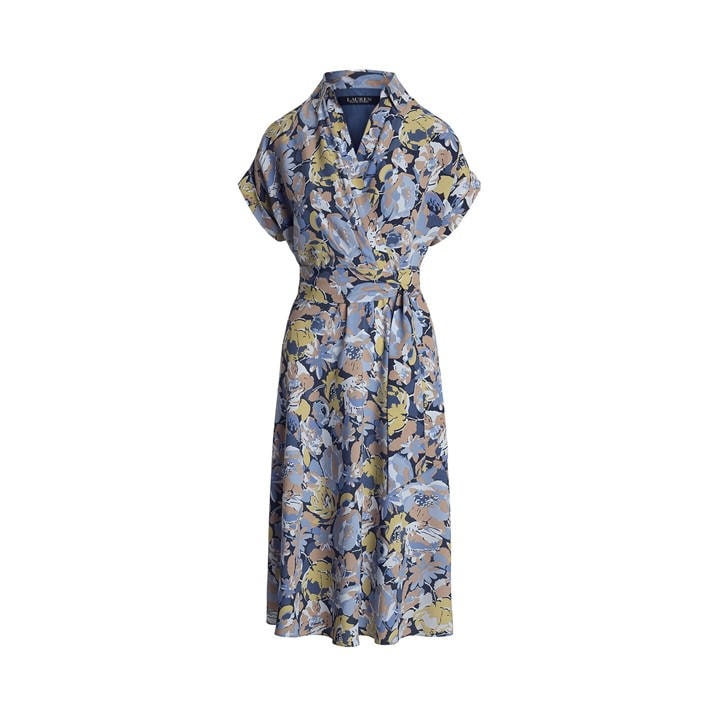 Lauren By Ralph Lauren Women's Blue Floral Belted Crepe Dress - Size 16