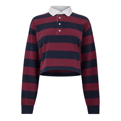 GOOD AMERICAN - Women's Cotton Long-Sleeve Striped Cropped Polo Shirt