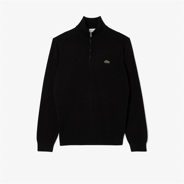 Lacoste Men's Black Quarter Zip Cotton Fine Knit Crew Neck Jumper - L