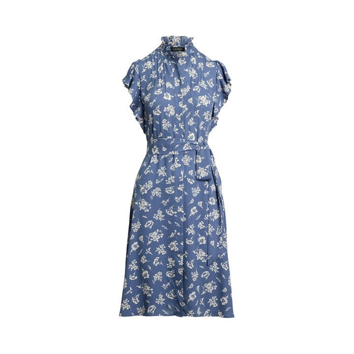 Lauren By Ralph Lauren Women's Blue Floral Belted Dress - Size 16