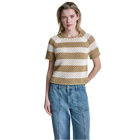 DKNY - Womens Short Sleeve Raglan Stripe Pointelle Sweater