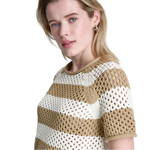 DKNY - Womens Short Sleeve Raglan Stripe Pointelle Sweater