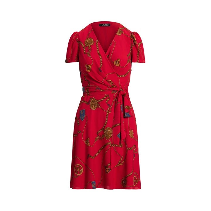 Lauren By Ralph Lauren Women's Red Belted Georgette Mini Dress - Size 14