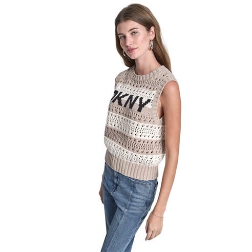 DKNY - DKNY Jeans Striped Pointelle Stitch Sleeveless Sweater