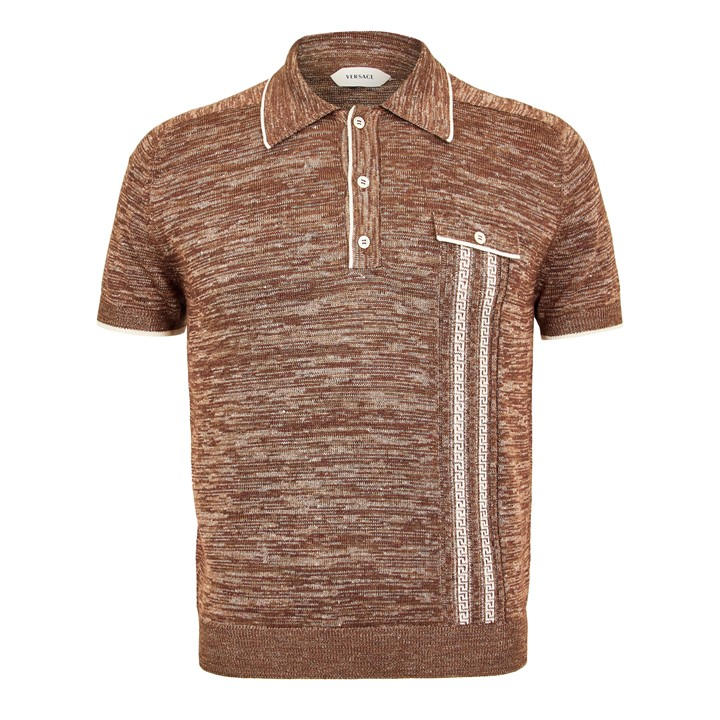 Versace Men's Brown Knitted Short Sleeve Polo Shirt - L