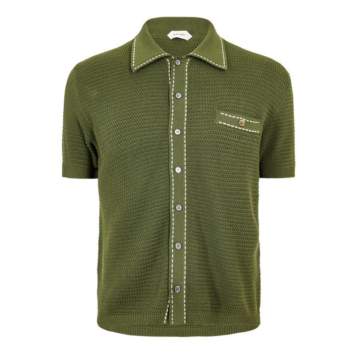 Versace Men's Green Knitted Short Sleeve Polo Shirt - L