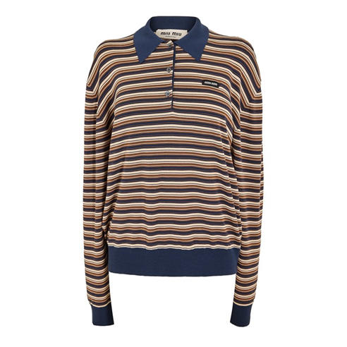 MIU MIU - Women's Stripe Knitted Long Sleeve Polo Shirt
