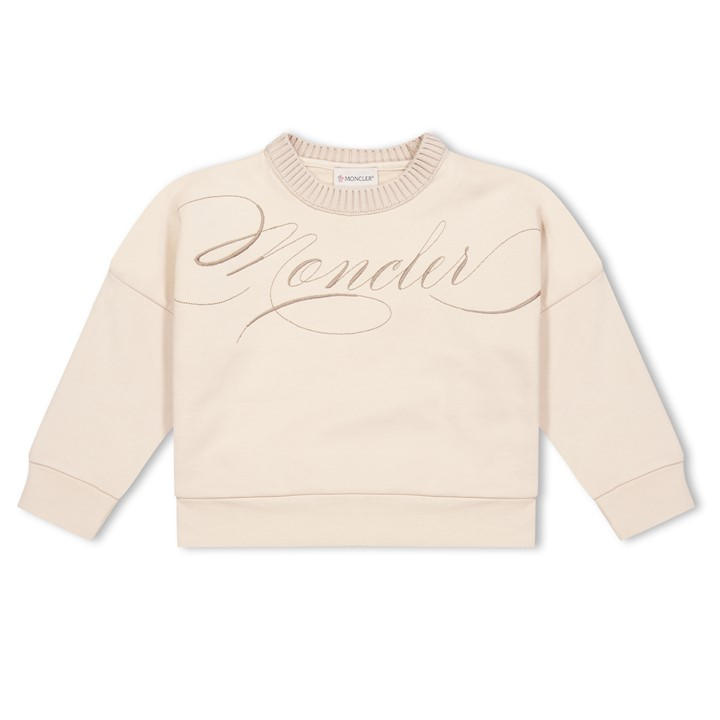 Moncler Girls Pink Embroidered Cursive Logo Crew Sweater Juniors