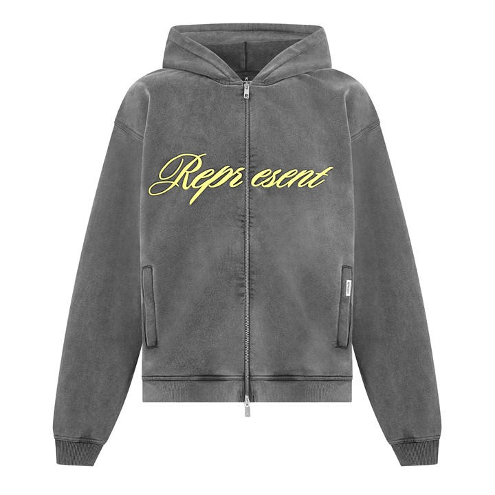 Represent Men's Black Rep Script Logo Zipped Hoodie, Soft Cotton