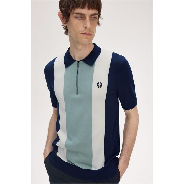 Fred Perry Men's Blue Vertical Stripe Zip Polo Small