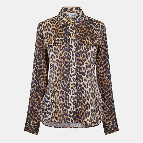 GANNI - Women's Satin Print Long Sleeve Blouse