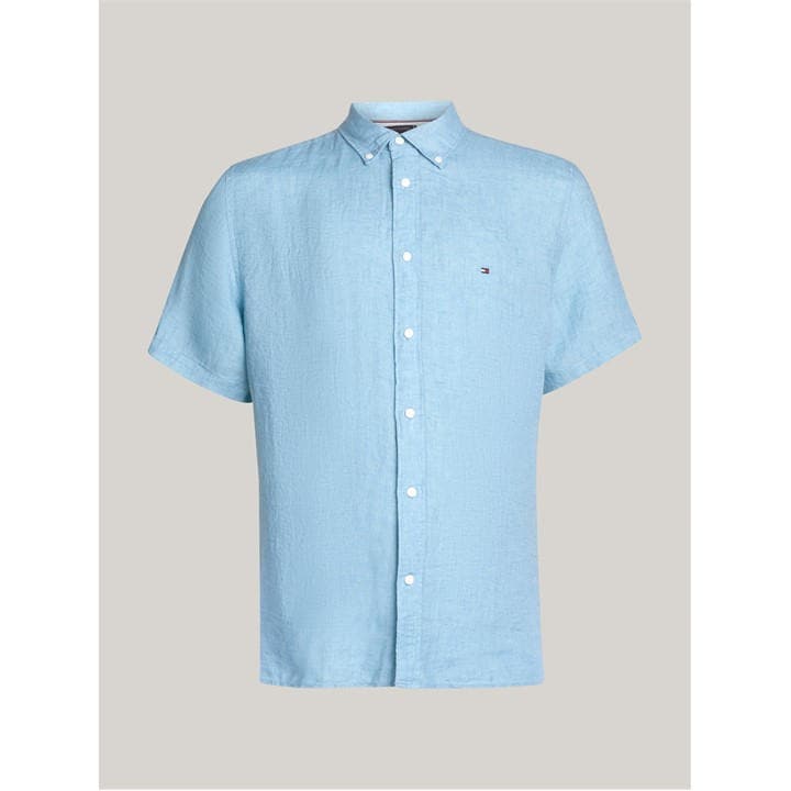 Tommy Hilfiger Men’s Linen Short-Sleeve Plain Shirt – Blue