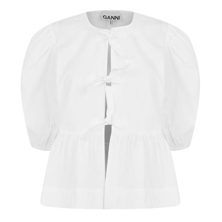 Ganni Women's White Cotton Poplin Peplum Tie Blouse Size 10