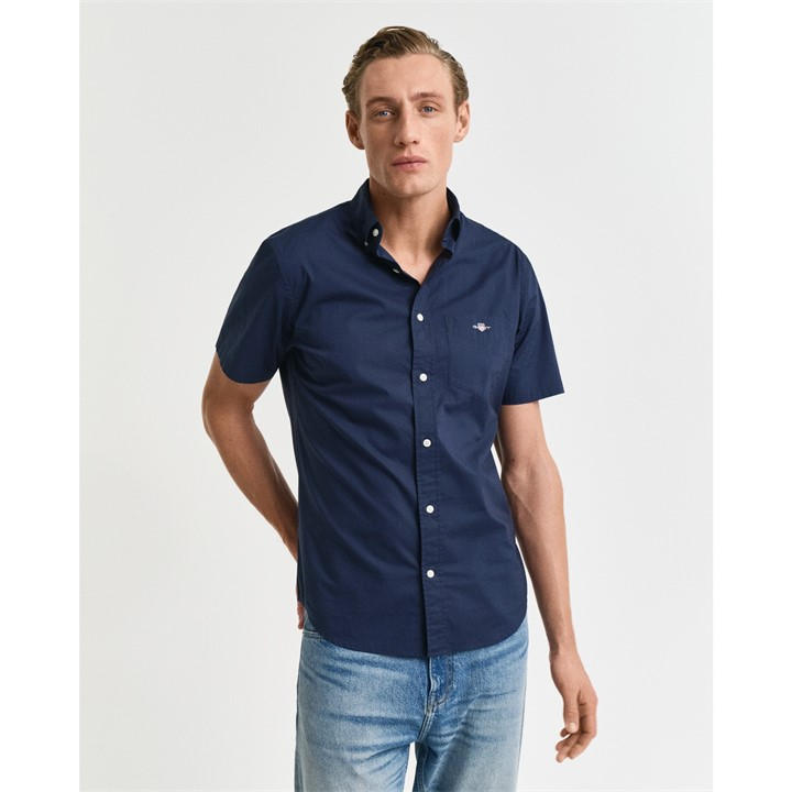 Gant Men's Blue Regular Fit Classic Poplin Short Sleeve Shirt Medium