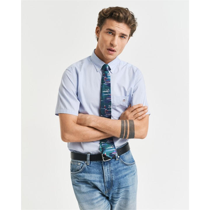 Gant Men's Blue Regular Fit Classic Poplin Short Sleeve Shirt Large