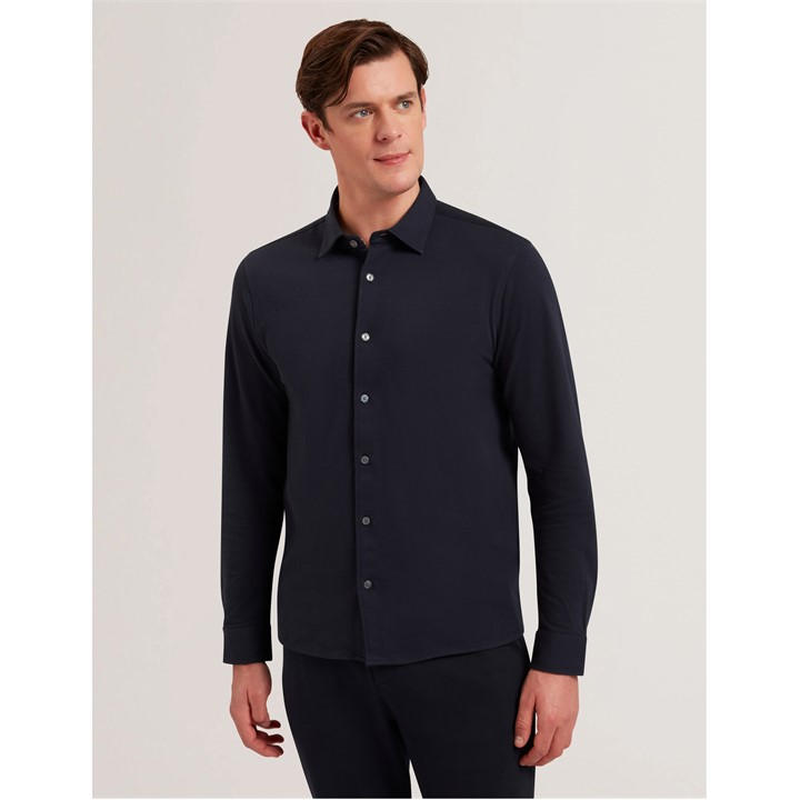 Ted Baker Men’s Luckey Pique Long-Sleeve Plain Shirt – Blue
