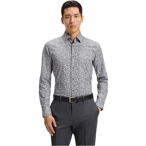 Boss - Men's Floral Print Stretch Cotton Long Sleeve Slim Fit Shirt