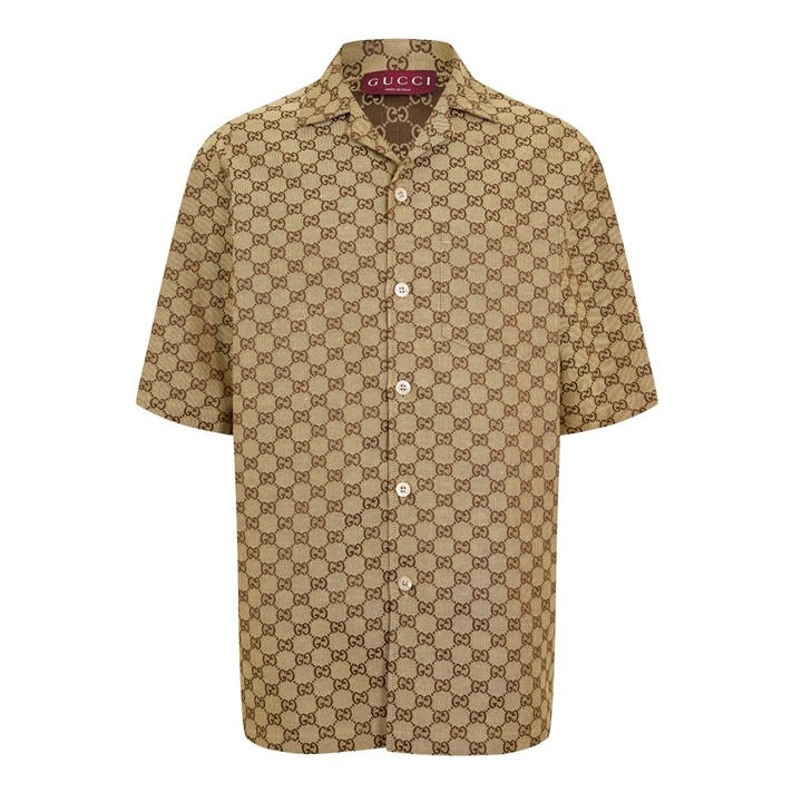Gucci Men's Brown Gg Linen Short Sleeve Patterned Shirt - L