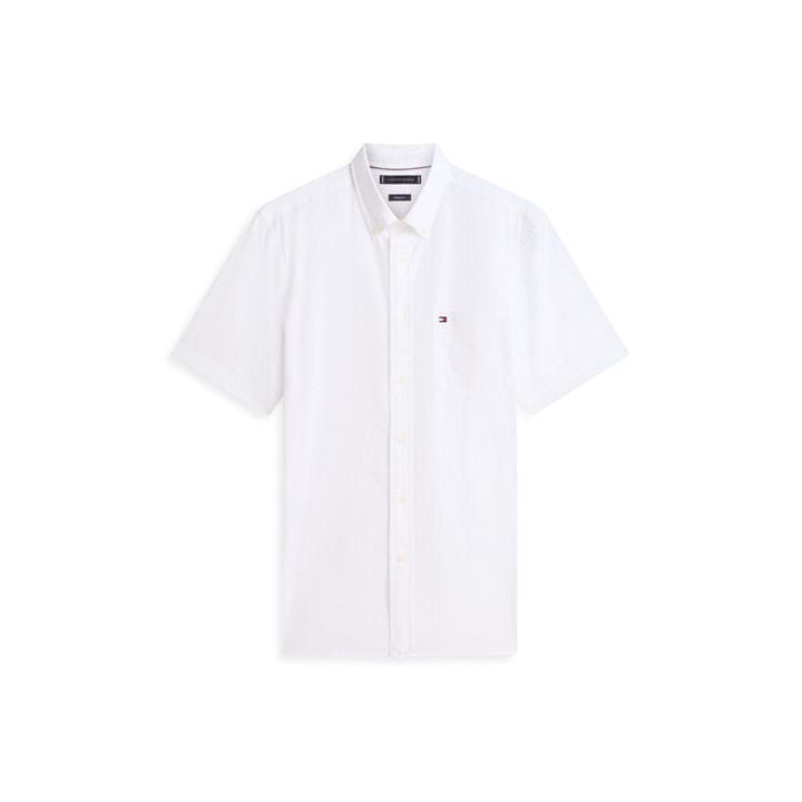 Tommy Hilfiger Men's White Seersucker Solid Ss Rf Shirt