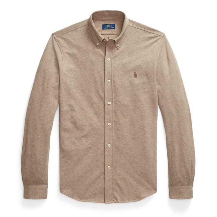 Polo Ralph Lauren Men's Beige Slim Fit Button-Down Plain Shirt
