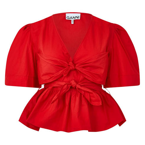 GANNI - Women's Poplin Bow Short Sleeve Blouse